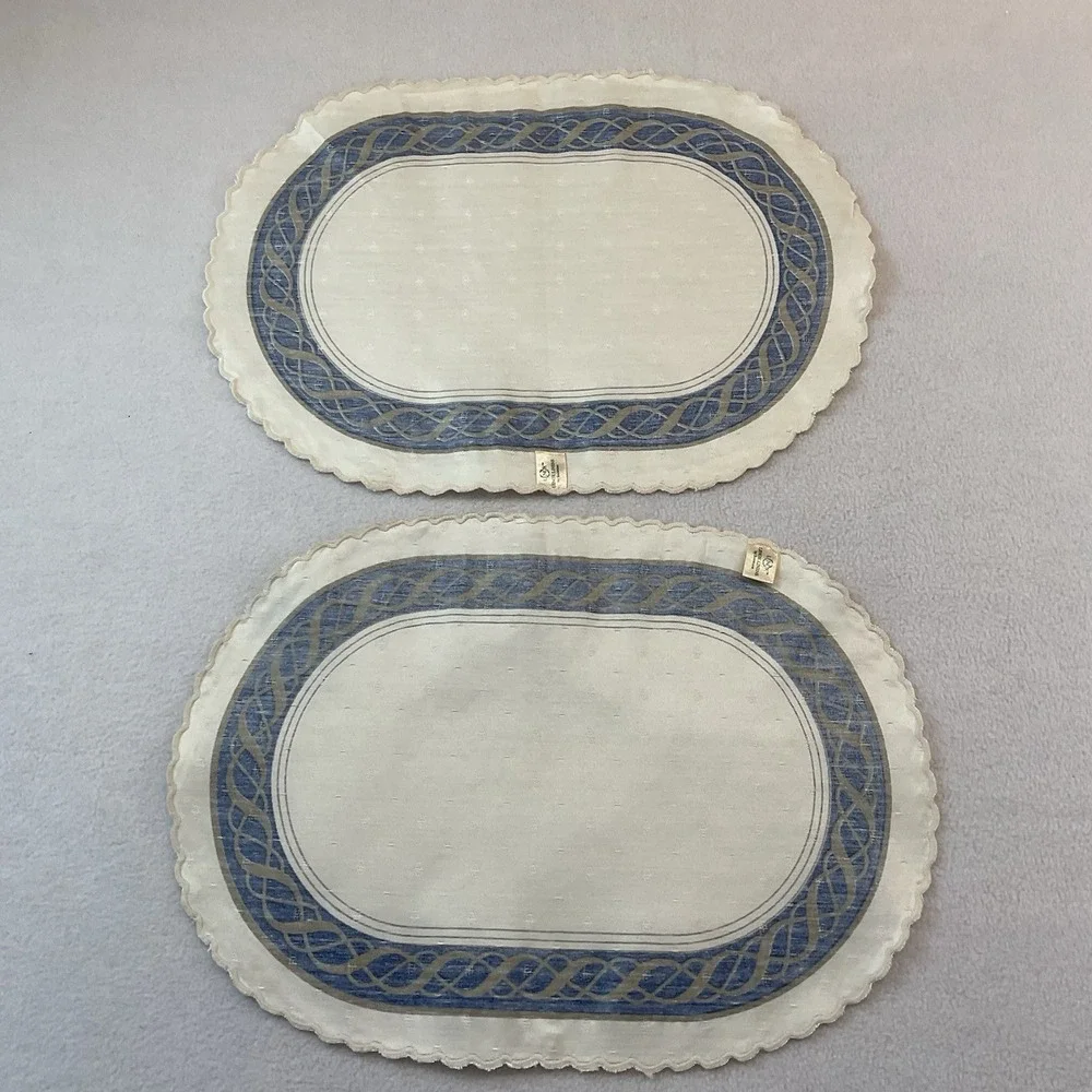 Lenox Hamilton Oval Placemats Cloth Set Of 2 Ivory Gold Navy Blue Vintage Lot #6